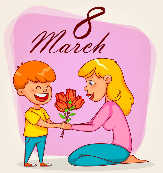 Happy International Women's Day greeting card. Funny boy gives a bouquet of tulips to his mother. Vector illustration on pink background - Vector, afbeelding