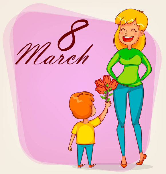Happy International Women's Day greeting card. Funny boy gives a bouquet of tulips to his mother. Cartoon characters. Vector illustration on pink background - Vektori, kuva