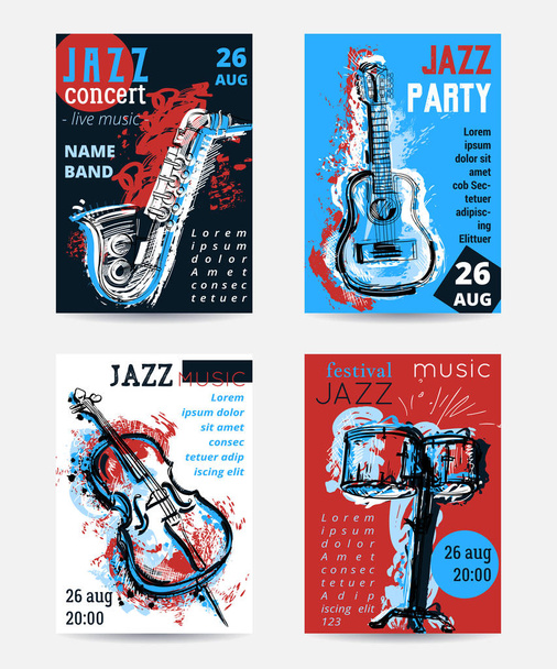 Jazz music party with musical instruments. Saxophone, guitar, cello, drum kit with grunge watercolor splashes. Design template for invitation, card, poster, placard and flyer. Vector illustration - Vector, Image