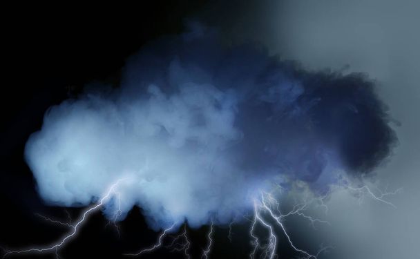 cloud of grey smoke on black background with lightning - Фото, зображення