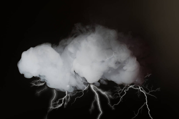 cloud of White smoke on black background with lightning - Fotoğraf, Görsel