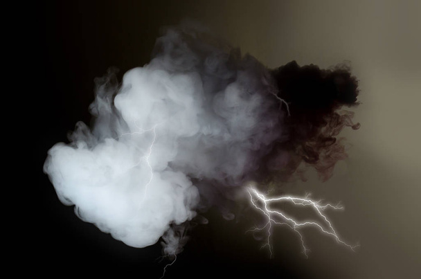 cloud of White smoke on black background with lightning - Photo, image