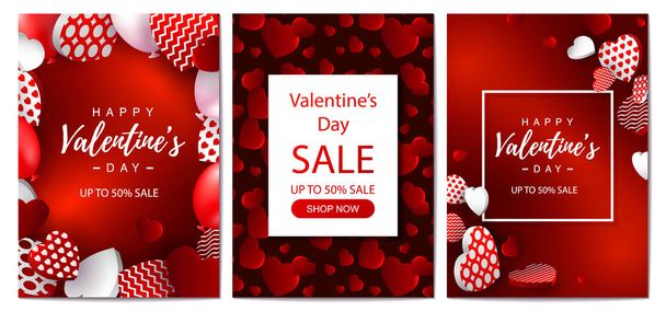 Set of Valentines day cards and sale banners. Valentines day design for banners, flyers, newsletters, postcards. Space for text. Vector illustration. - Vector, Image