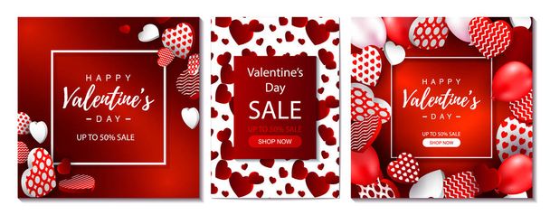 Set of Valentines day cards and sale banners. Valentines day design for banners, flyers, newsletters, postcards. Space for text. Vector illustration. - Vector, Image