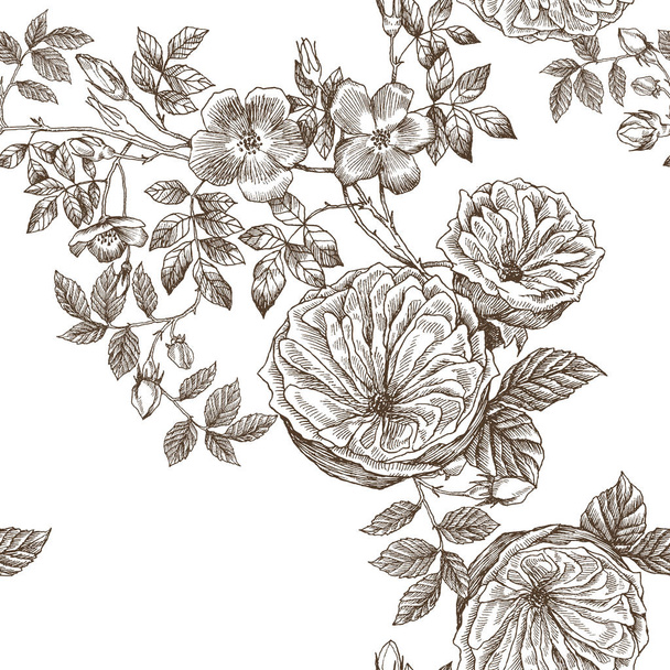 Wild roses blossom branch seamless pattern. Vintage botanical hand drawn illustration. Spring flowers of garden rose, dog rose. Vector design. Can use for greeting cards, wedding invitations, patterns - Vettoriali, immagini