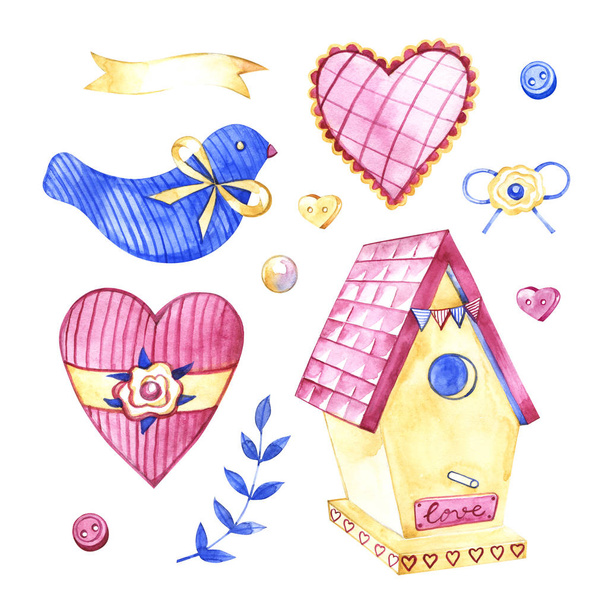 Watercolor illustration. Birdhouse. Rustic objects. Spring collection. ClipArt, DIY, scrapbooking elements. Holidays, wedding decoration. Nature. - Foto, Imagen