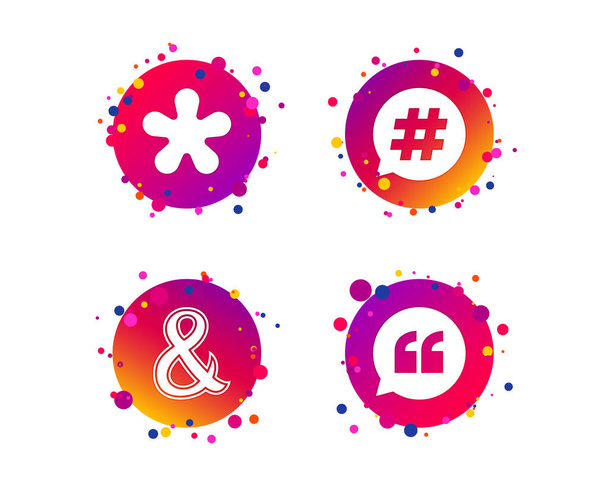 Quote, asterisk footnote icons. Hashtag social media and ampersand symbols. Programming logical operator AND sign. Speech bubble. Gradient circle buttons with icons. Random dots design. Vector - Διάνυσμα, εικόνα