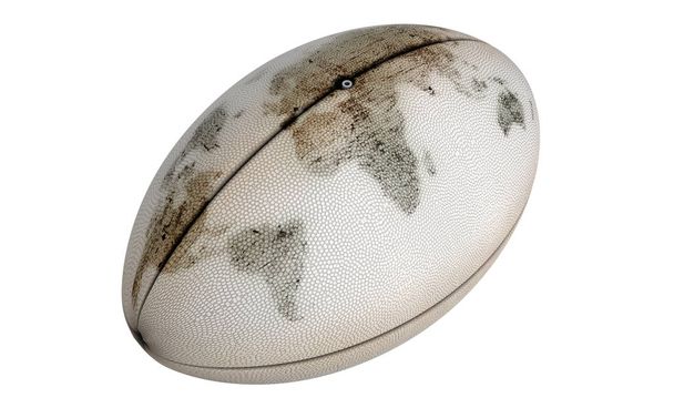 ein schlichter weißer strukturierter Rugby-Ball mit Schmutz darauf, der eine Weltkarte auf einem isolierten weißen Hintergrund darstellt - 3D-Renderer - Foto, Bild