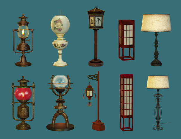 acht lampen en twee lantaarns - Foto, afbeelding