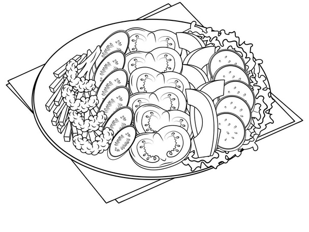 Prodotti di nutrizione su un piatto. Una serie di verdure e frutta. Colorazione, linee nere su sfondo bianco. Vettore
 - Vettoriali, immagini