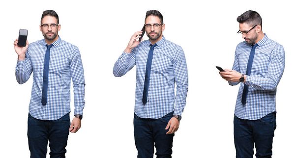 Collage of handsome business man using smartphone over isolated background with a confident expression on smart face thinking serious - Φωτογραφία, εικόνα