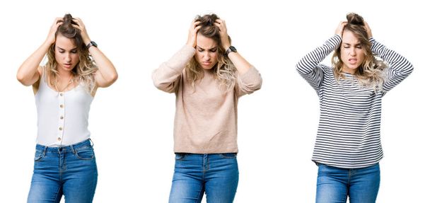 Collage of young beautiful blonde girl over isolated background suffering from headache desperate and stressed because pain and migraine. Hands on head. - Фото, изображение