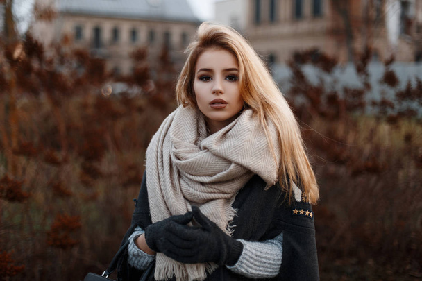 Portret van een mooi aantrekkelijke jonge meisje in een stijlvolle zwarte jas met een beige vintage sjaal in zwarte handschoenen in een gebreide trui op de achtergrond van droog gras. Stijlvolle meisje. - Foto, afbeelding