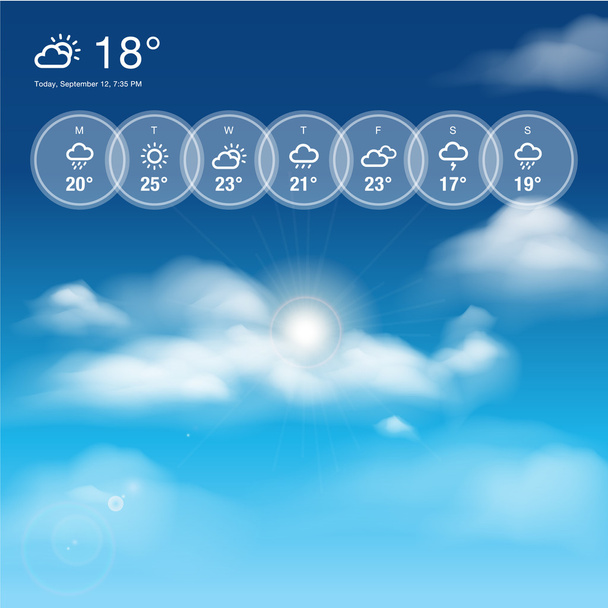 Időjárás widget sablon és a kék sunny sky témát háttér - Vektor, kép