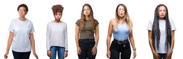 Collage of group of young women over isolated background puffing cheeks with funny face. Mouth inflated with air, crazy expression. - Photo, Image
