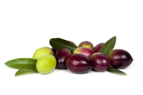 Fresh Olives and Leaves over White - Photo, Image