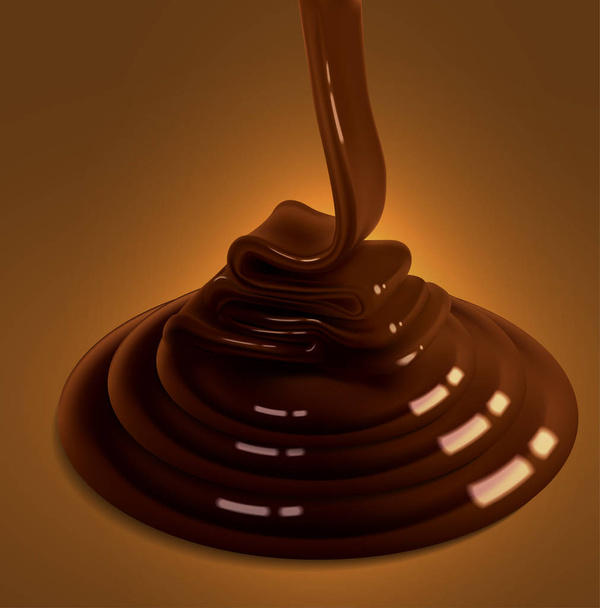 The glossy stream of chocolate flows to the surface and freezes in beautiful waves.High detailed realistic illustration - Vektor, obrázek