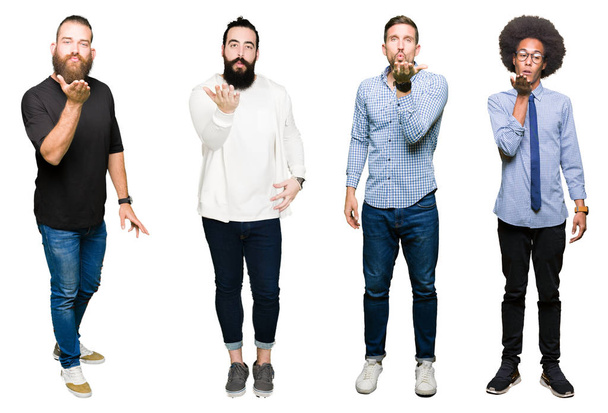 Collage of group of young men over white isolated background looking at the camera blowing a kiss with hand on air being lovely and sexy. Love expression. - Foto, imagen