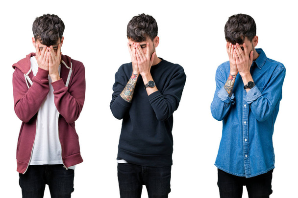 Collage van jonge man over geïsoleerde achtergrond met trieste uitdrukking waarin gezicht met handen terwijl het huilen. Depressie concept. - Foto, afbeelding