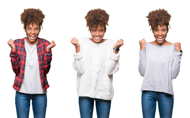 Collage van jonge mooie Afrikaanse meisje over geïsoleerde achtergrond vieren verrast en verbaasd voor succes met armen aan de orde gesteld en ogen open. Winnaar concept. - Foto, afbeelding