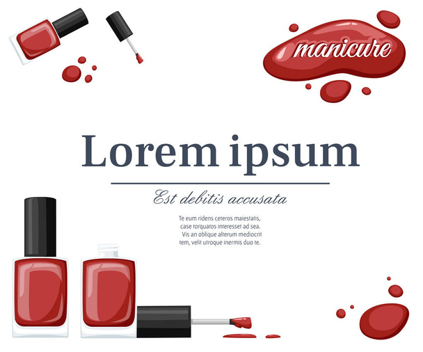 Round red glossy nail polish bottle with black cap. Flat vector illustration on white background. Opened bottle and drop of nail polish. Place for logo and text. Greeting card template. - Vector, Image