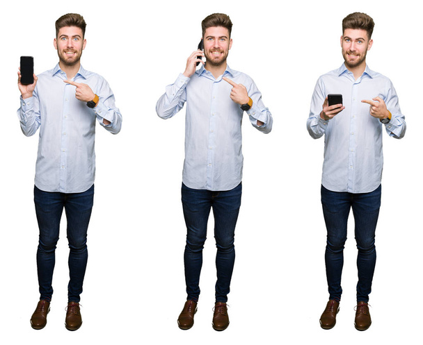 Collage of handsome young professional man using smartphone over white isolated background very happy pointing with hand and finger - Foto, imagen