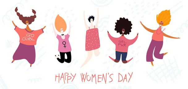 Щасливі жіночі листівки з цитатою та різноманітними жінками, Векторні ілюстрації, Концепція фемінізму
  - Вектор, зображення