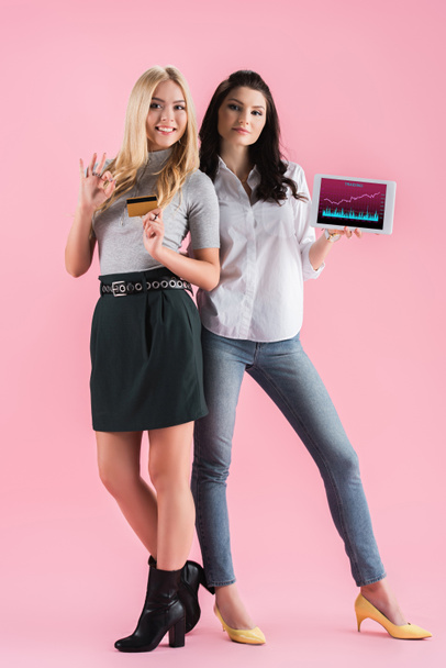 Joyful girls holding digital tablet with traiding app on screen and credit card on pink background - Photo, Image