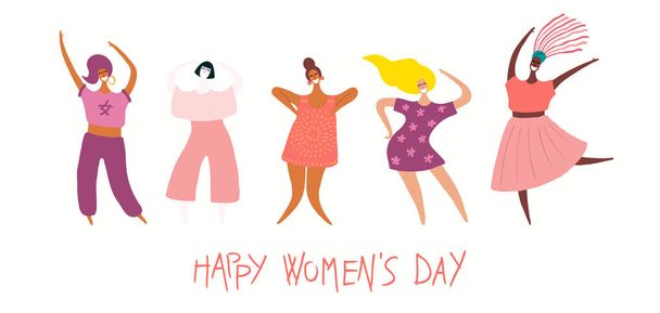 Happy women day card with quote and diverse women, vector illustration, Concept of feminism  - Vector, Image