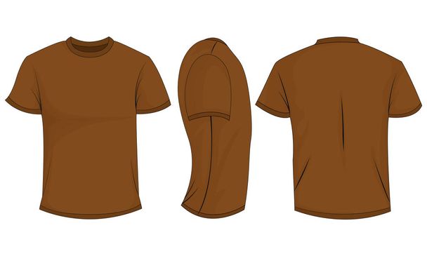 Brown mens t-shirt with short sleeves. Front, back, side view. Isolated on white background. Vector illustration, EPS10. - Vector, Image