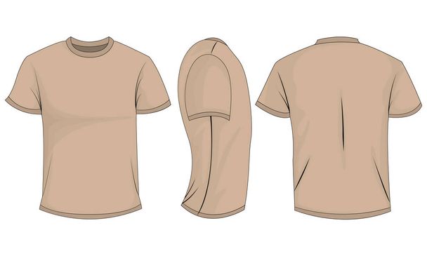 Beige t-shirt mens with short sleeves. Front, back, side view. Isolated on white background. Vector illustration, EPS10. - Vector, Image
