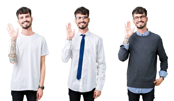 Collage van jonge man over geïsoleerde achtergrond afzien zeggen Hallo gelukkig en lachende, vriendelijke Welkom gebaar - Foto, afbeelding