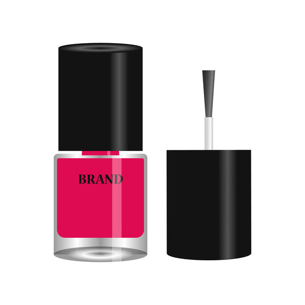 Pink nail polish in round glass bottle with black cap and dry brush isolated on white background. Realistic packaging mockup template. Front view. Vector illustration, EPS10. - Vector, Image