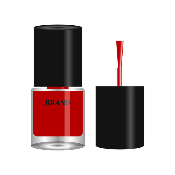 Red nail polish in round glass bottle with black cap and wet brush isolated on white background. Realistic packaging mockup template. Front view. Vector illustration, EPS10. - Vector, Image