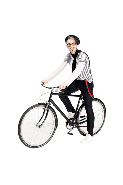 feliz francês homem em óculos andar de bicicleta isolado no branco
  - Foto, Imagem