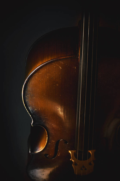 Part of an old dusty cello, details of old wood and strings, accentuated shapes in dark. - Фото, изображение