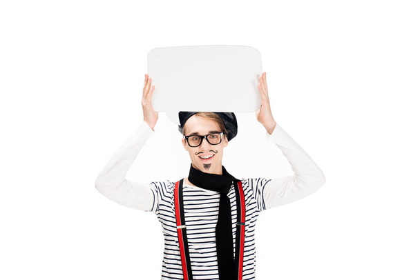 french man in glasses holding speech bubble in hands isolated on white  - Photo, Image