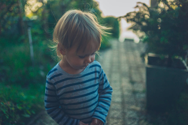 A little toddler is standing outside in the garden - Фото, изображение