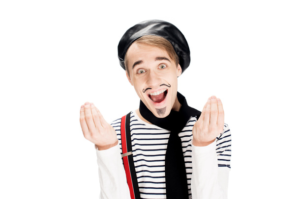 happy french man in black scarf and beret gesturing isolated on white  - Foto, immagini