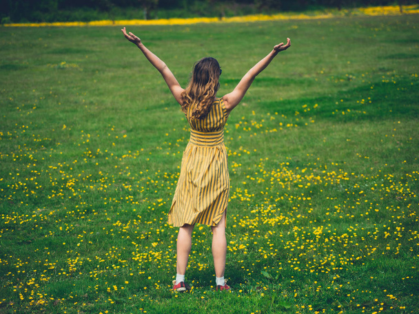Visão traseira da jovem está levantando os braços em um prado para expressar alegria e liberdade. Tanta alegria.
. - Foto, Imagem