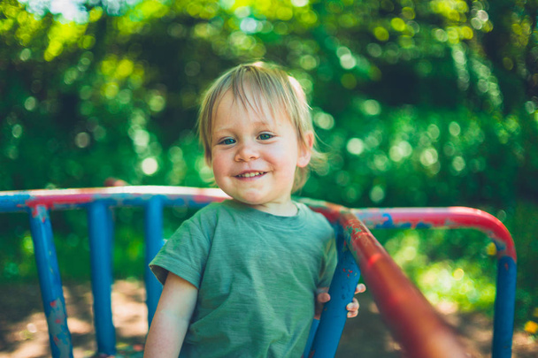 A smiling little boy is sitting on a merry-go-round in the park - Fotoğraf, Görsel