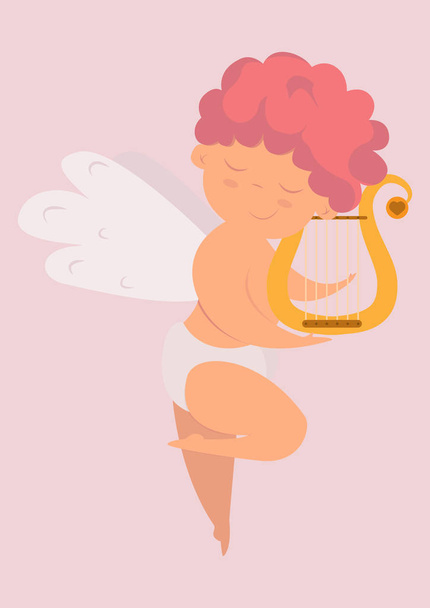 Cupid, hrající na harfu, Angel hraje romantické melodie, den svatého Valentýna, vektorový obrázek, kreslená postavička - Vektor, obrázek
