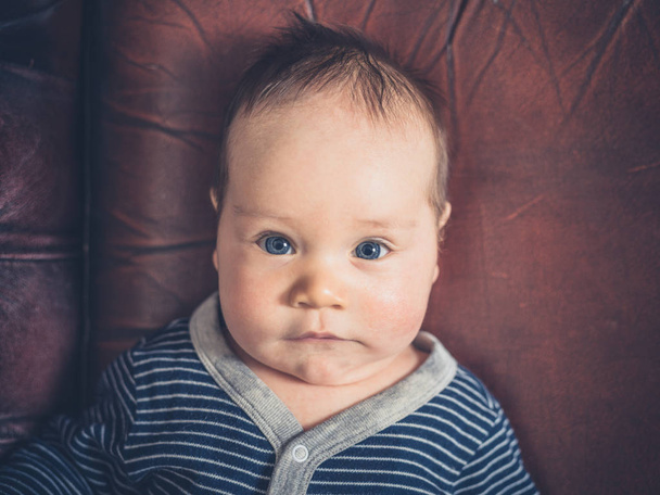 Un bebé pequeño está acostado en un sofá de cuero con un aspecto confuso y pensativo
 - Foto, imagen