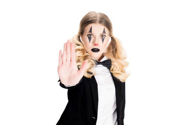 blonde female clown showing stop gesture isolated on white  - Φωτογραφία, εικόνα