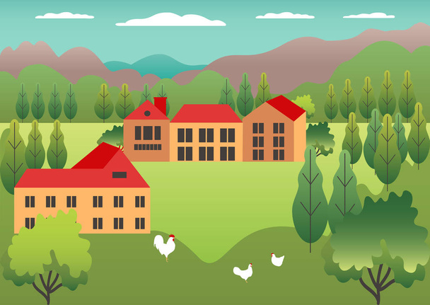 Village landscape in trendy flat and linear style vector illustration. Mountains and hills, lake, flowers and trees, abstract background with copy space for header images for websites, banners, covers - Вектор,изображение