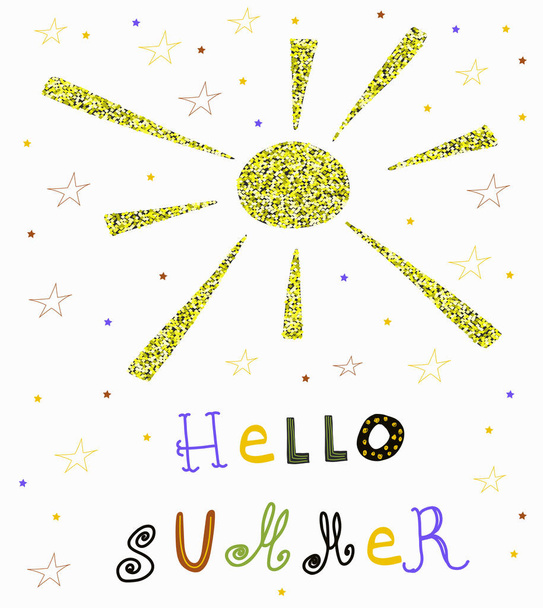Vector summer background with hand drawn glitter Sun and hand written slogan Hello summer. Bright poster with lettering Vector Illustration. - Vektör, Görsel