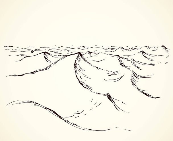 Gipfel Skyline Landschaft. umreißen schwarze Federtinte handgezeichnet warmen globalen Sandsturm Zeichen Symbol skizzenhaft in Art Doodle Vintage Cartoon-Stil. Szenische Linienansicht mit Platz für Text auf hellem Papierhintergrund - Vektor, Bild