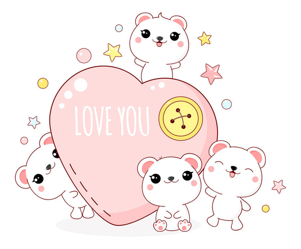 Cute Valentine's day card in kawaii style. Lovely polar bears with heart, inscription Love you. EPS8 - Вектор,изображение