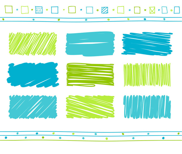 Vector collection of retro scribbled lines with hand drawn style of green and blue color - Vector, Image