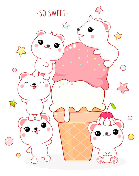 Cute yummy card in kawaii style. Lovely polar bears with ice cream. Inscription So sweet. EPS8 - Вектор,изображение